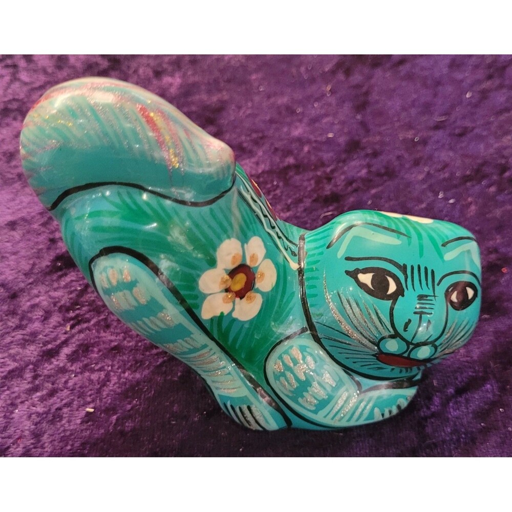 Vtg Talavera Mexican Folk Art Pottery Turquoise Stretching Cat Figurine